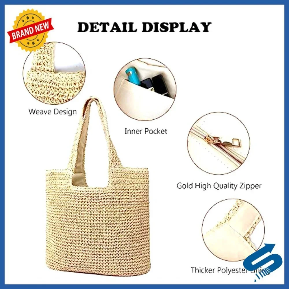 Large Woven Straw Tote Bag Summer Beach Travel Shoulder Handbag Boho Chic